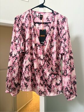 NWT BOSS Pink Abstract Print Wrap Blouse